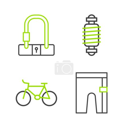 Téléchargez les illustrations : Set line Short de cyclisme, vélo, suspension et icône de verrouillage. Vecteur - en licence libre de droit