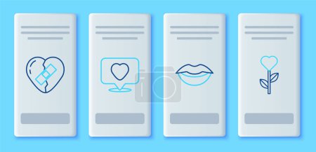 Set line Like and heart, Smiling lips, Healed broken and Heart shape flower icon. Vector