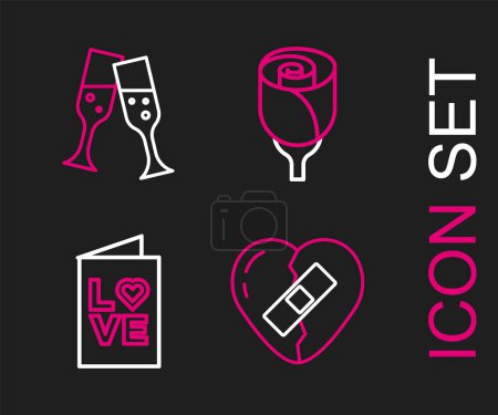 Set line Healed broken heart, Valentines day party flyer, Flower rose and Glass of champagne icon. Vector