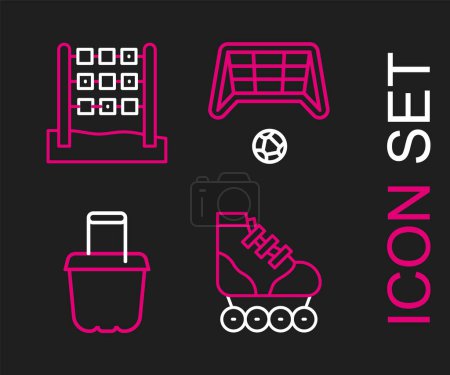 Set line Roller skate, Sand in bucket, Soccer goal with ball and Tic tac toe game icon. Vector