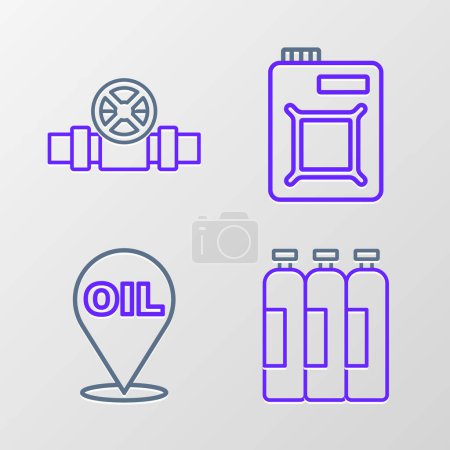 Set line Industrial gas cylinder tank, Refill petrol fuel location, Canister for motor oil and Metallic pipes and valve icon. Vector