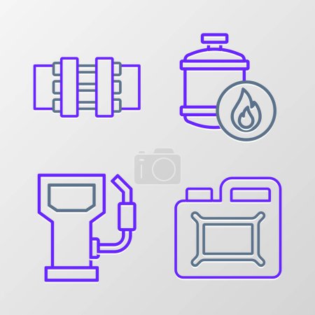 Set line Canister for motor oil, Petrol gas station, Propane tank and Metallic pipes and valve icon. Vector