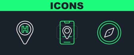 Illustration for Set line Compass, Helicopter landing pad and City map navigation icon. Vector - Royalty Free Image