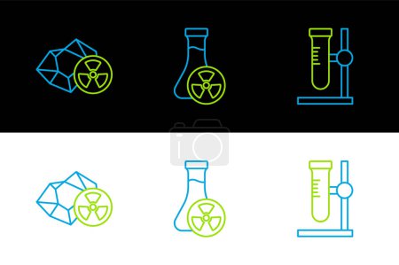 Set line Test tube flask on stand, Radioactive and with toxic liquid icon. Vector