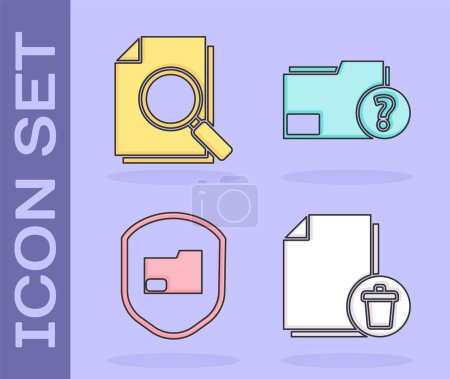 Legen Sie Dateidokument löschen, Dokument mit Suche, Ordnerschutz für Dokumente und Icon für unbekannte Dokumentordner fest. Vektor.