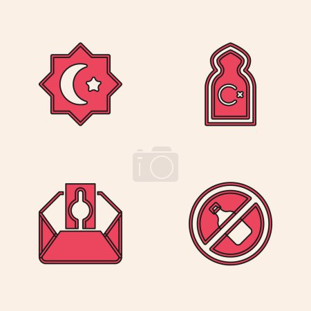 Set No alcohol, Octagonal star, Muslim Mosque and Donate or pay your zakat icon. Vector