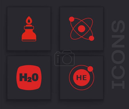 Set Helium, Alkohol oder Spiritusbrenner, Atom- und chemische Formel H2O Symbol. Vektor