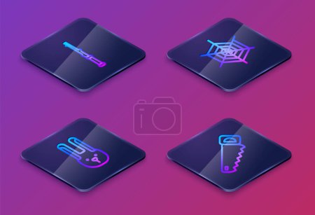 Set Isometric line Magic wand, Rabbit with ears, Spider web and Hand saw. Blue square button. Vector.