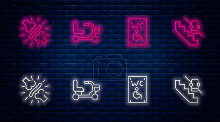 Set line Electric wheelchair, Separated toilet for disabled, Joint pain, knee pain and Disabled elevator. Glowing neon icon on brick wall. Vector