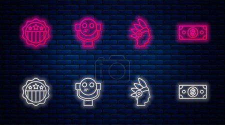 Illustration for Set line Tourist binoculars, Native American Indian, USA Independence day and Stacks paper money cash. Glowing neon icon on brick wall. Vector - Royalty Free Image