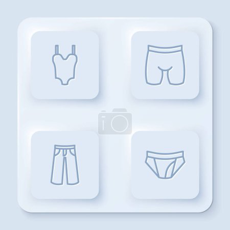 Set line Swimsuit, Cycling shorts, Pants and Men underpants. White square button. Vector