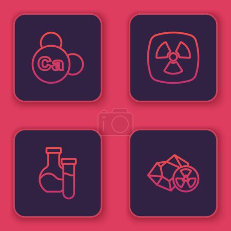 Illustration for Set line Mineral Ca Calcium, Test tube, Radioactive and . Blue square button. Vector - Royalty Free Image