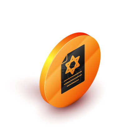 Isometric Torah scroll icon isolated on white background. Jewish Torah in expanded form. Star of David symbol. Old parchment scroll. Orange circle button. Vector.