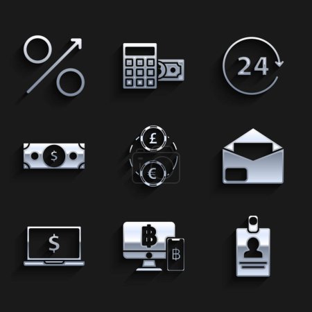 Set Money exchange, Computer monitor with mobile phone and bitcoin, Identification badge, Envelope, Laptop dollar symbol, Stacks paper money cash, Clock 24 hours and Percent up arrow icon. Vector