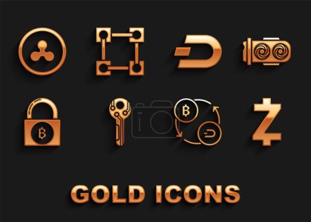Establecer clave criptomoneda, Granja minera, moneda Zcash ZEC, intercambio, bloqueo con bitcoin, Dash, Onda XRP y el icono de la tecnología Blockchain. Vector