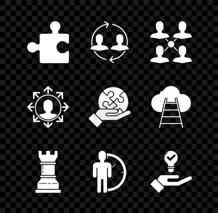 Set Piece of puzzle Human resources Project team base Business strategy Time Management Light bulb hand and icon. Vector.