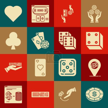 Set Casino-Chip mit Dollar-Symbol, Standort, Spielwürfel, Chips tauschen Stapel von Dollar und Spielkarten, Spielkreuze, Herz und Symbol. Vektor