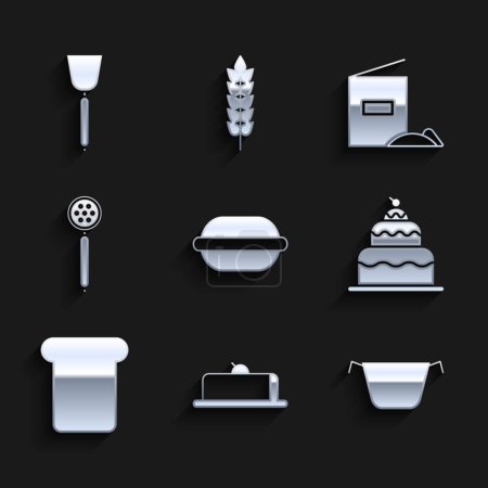 Illustration for Set Macaron cookie Strawberry cheesecake slice Cooking pot Cake Bread toast Strainer spoon Flour pack and Spatula icon. Vector. - Royalty Free Image