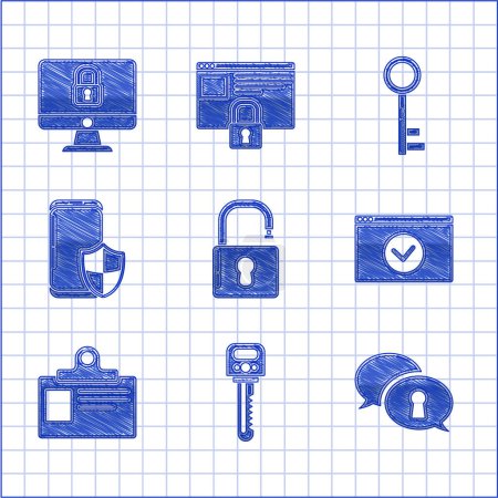 Configurar candado abierto Protección de datos personales Proteja su sitio con la insignia de identificación SSL HTTPS Protector de seguridad para teléfonos inteligentes e icono de pantalla de monitor de computadora de bloqueo. Vector.