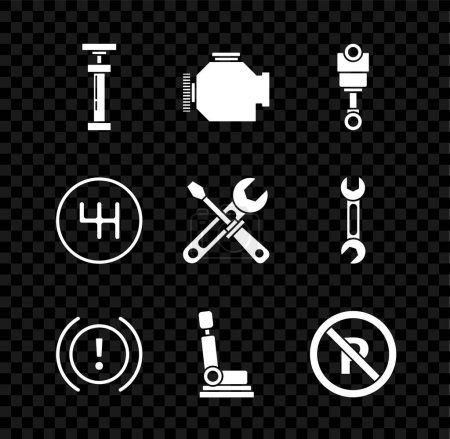 Set  Check engine Engine piston Brake system warning Car seat No Parking or stopping Gear shifter and Screwdriver and wrench tools icon. Vector.