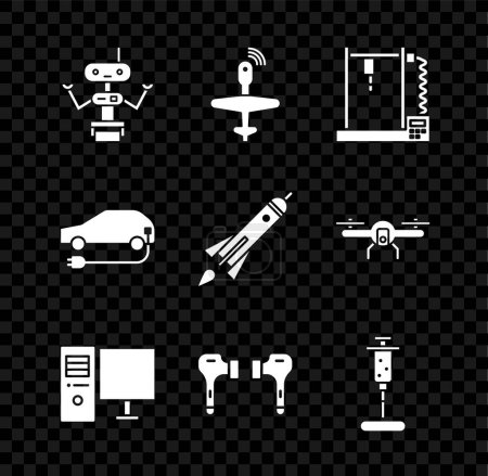 Set Roboter, Drohne, 3D-Drucker, Computermonitor, Luftkopfhörer, Spritze, Elektroauto und Raketenschiff mit Feuer-Symbol. Vektor