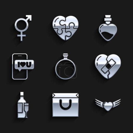 Set Diamond engagement ring, Shopping bag, Heart with wings, Healed broken heart, Champagne bottle, Mobile, Bottle love potion and Gender icon. Vector