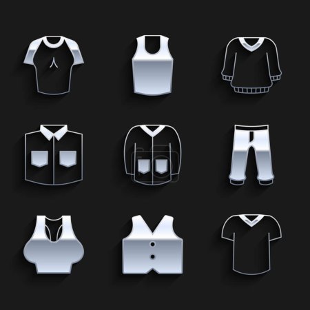 Set Jersey, Chaleco, Camiseta, Pantalones, Camiseta, Camisa e icono. Vector