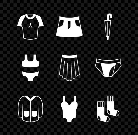 Set T-Shirt, Rock, Regenschirm, Pullover, Badeanzug, Socken und Symbol. Vektor