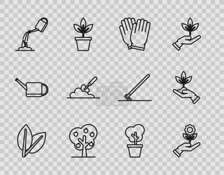 Illustration for Set line Leafs, Hand holding flower, Garden gloves, Tree with apple, Watering can water, trowel spade or shovel the ground, pot and Plant hand of environmental protection icon. Vector - Royalty Free Image
