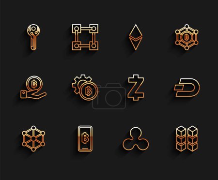 Set line Blockchain technology, Phone mobile and cryptocurrency coin Bitcoin, Cryptocurrency key, Ripple XRP, Dash and Zcash ZEC icon. Vector