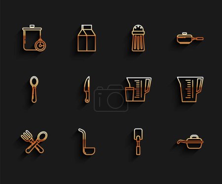Illustration for Set line Crossed fork and spoon, Kitchen ladle, Cooking pot kitchen timer, Spatula, Frying pan, Knife, Measuring cup and  icon. Vector - Royalty Free Image