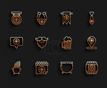 Set line Witch cauldron and rainbow, Saint Patricks day with calendar, Street signboard four leaf clover, Wooden barrel, Mustache beard, Location and beer mug icon. Vector