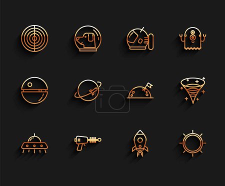 Set line UFO flying spaceship, Ray gun, Earth structure, Rocket with fire, Sun, Planet, Black hole and flag icon. Vector