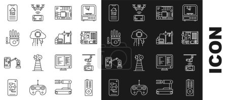 Set line Remote control, Electronic computer components motherboard digital chip, Printed circuit PCB, Internet of things, Mechanical robot hand, Smart home and 3D printer icon. Vector