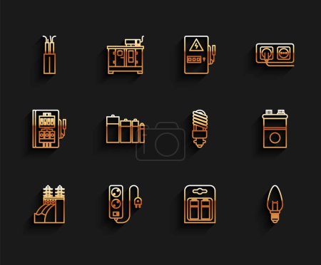 Set line Nuclear power plant, Electric extension cord, cable, Battery in pack, Light bulb, Car battery and LED light icon. Vector