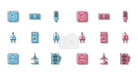 Set line Electrical outlet, Wind turbine, light switch, panel, cabinet, plug,  and  icon. Vector