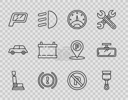 Illustration for Set line Car seat, Engine piston, Speedometer, Brake system warning, mirror, battery, No Parking stopping and  icon. Vector - Royalty Free Image