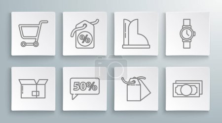 Set line Carton cardboard box, Discount percent tag, Fifty discount, Blank label template price, Stacks paper money cash, Waterproof rubber boot, Wrist watch and Shopping cart icon. Vector