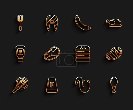 Illustration for Set line Fish steak in frying pan, Pepper, Spatula, Fried chicken wing, Chicken leg, Steak meat,  and Burger icon. Vector - Royalty Free Image
