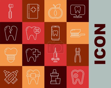 Set line Tooth with caries, Dental pliers, Toothbrush toothpaste, Apple, Broken,  and Online dental care icon. Vector