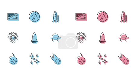Set line Moon with flag, Planet, Futuristic hud interface, Comet falling down fast, Rocket ship, UFO flying spaceship, Black hole and Falling stars icon. Vector