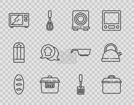 Illustration for Set line Bread loaf, Cooking pot, Electric stove, Slow cooker, Microwave oven, Chef hat speech bubble, Spatula and Kettle with handle icon. Vector - Royalty Free Image