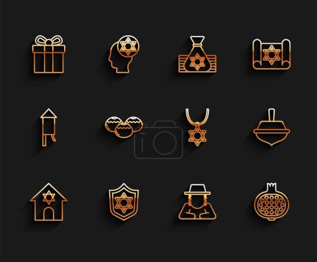 Set line Jewish synagogue, Shield with Star of David, Gift box, Orthodox jewish hat, Pomegranate, sweet bakery, Hanukkah dreidel and necklace on chain icon. Vector