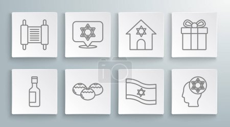 Set line Jewish wine bottle, Star of David, sweet bakery, Flag Israel, Orthodox jewish hat, synagogue, Gift box and Torah scroll icon. Vector