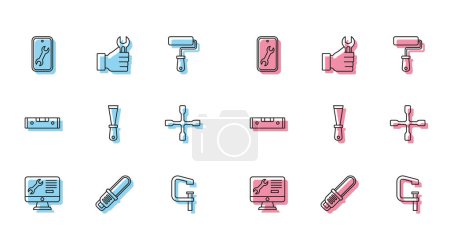 Illustration for Set line Computer monitor service, Chainsaw, Mobile, Clamp and screw tool, Putty knife, Wheel wrench, Construction bubble level and Wrench spanner icon. Vector - Royalty Free Image