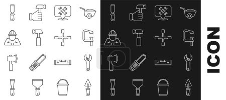 Illustration for Set line Trowel, Adjustable wrench, Clamp and screw tool, Location with, Hammer, Builder, Rasp metal file and Wheel icon. Vector - Royalty Free Image