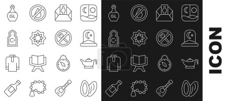 Set line Date fruit, Oil lamp, Muslim cemetery, Donate or pay your zakat, Octagonal star, Mosque, Essential oil bottle and Ramadan fasting icon. Vector