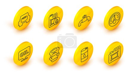 Set line Canister for motor oil, Barrel, Oil tanker ship, Word, Motor gas gauge, Metallic pipes and valve,  and Spare wheel in the car icon. Vector