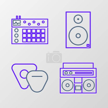 Set line Home stereo with two speakers, Guitar pick, Stereo and Drum machine icon. Vector