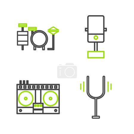 Ilustración de Establecer línea tenedor de afinación musical, DJ reproducción remota y mezcla de música, micrófono y batería icono. Vector - Imagen libre de derechos
